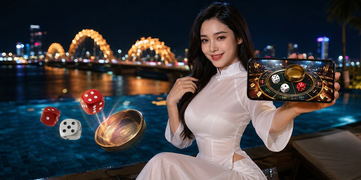 Khung cảnh Đà Nẵng buổi tối, người dùng kiểm tra ưu đãi tiền thưởng trên thiết bị di động bên bờ biển