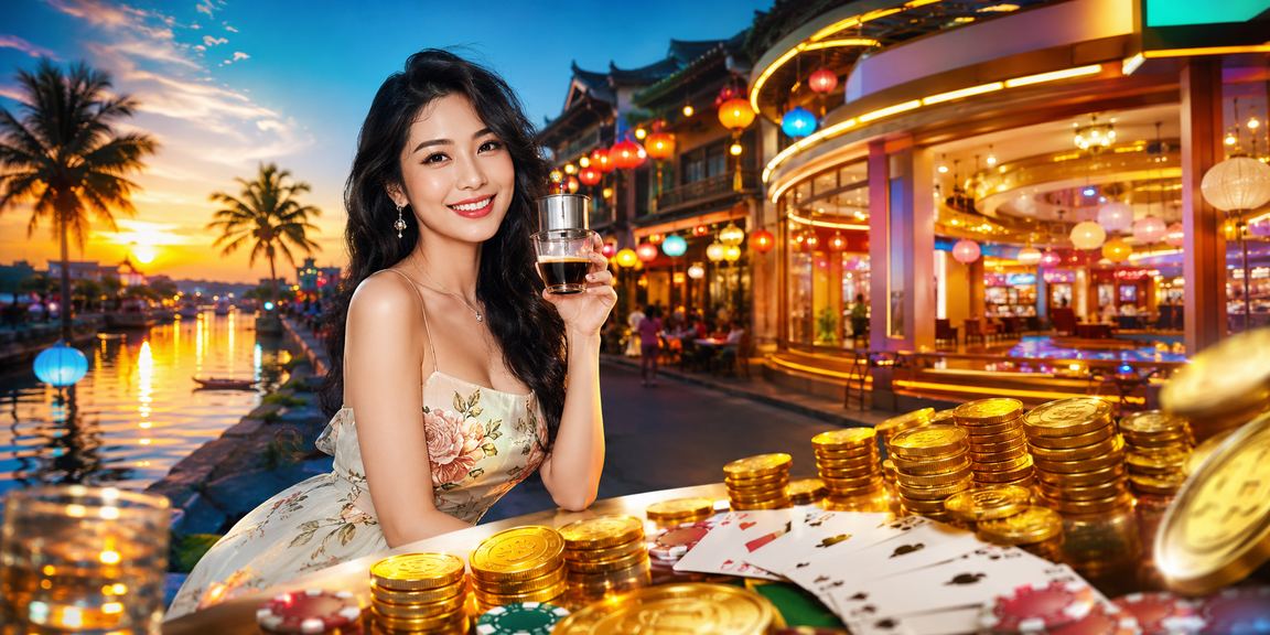 Người dùng thư giãn tại Hội An với ly cà phê và tham gia trò chơi bài trực tuyến trên điện thoại