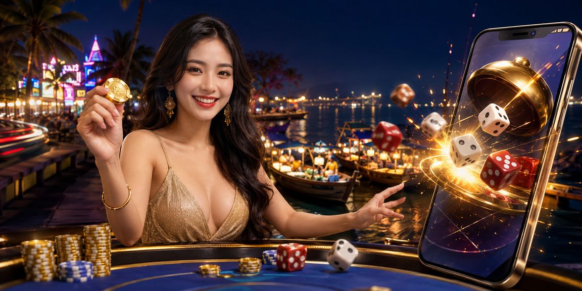 Buổi chiều tại bãi biển Mũi Né, người dùng xem thông tin ưu đãi casino và tiền thưởng trên điện thoại